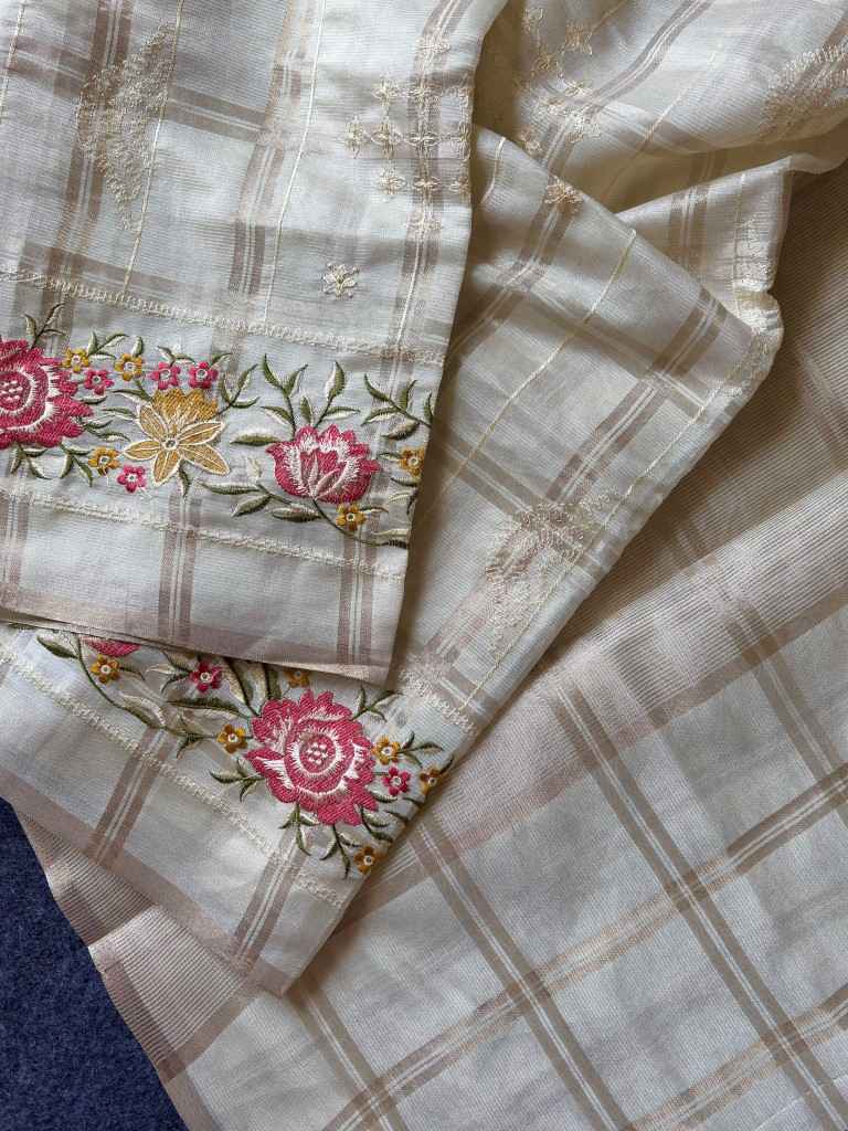 SOFT TUSSER SILK ZARI CHEX EMBROIDERY WORK SAREE 1