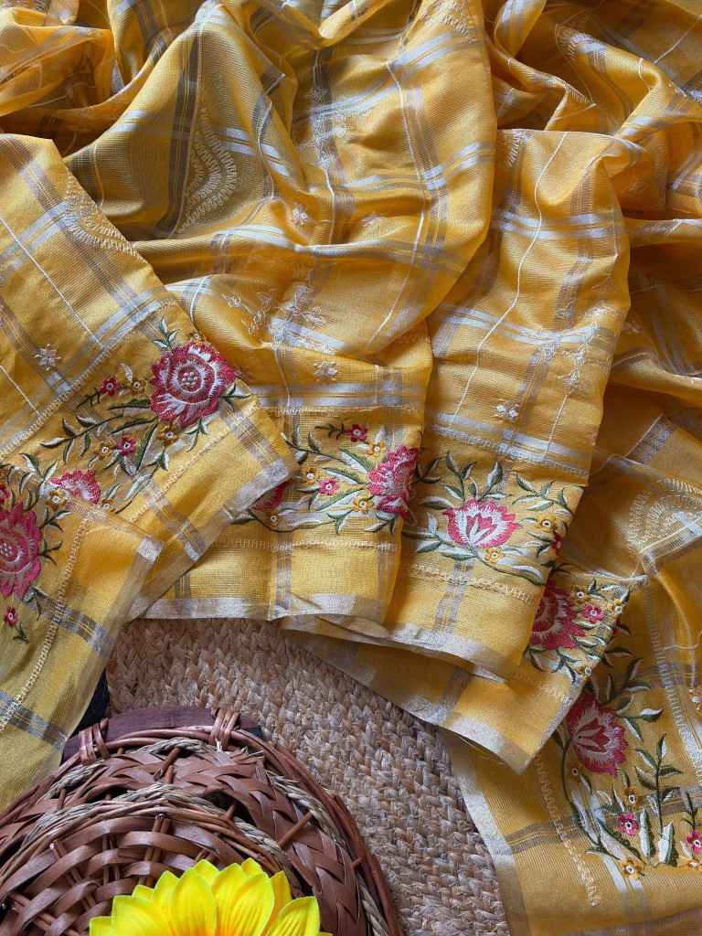 SOFT TUSSER SILK ZARI CHEX EMBROIDERY WORK SAREE 1