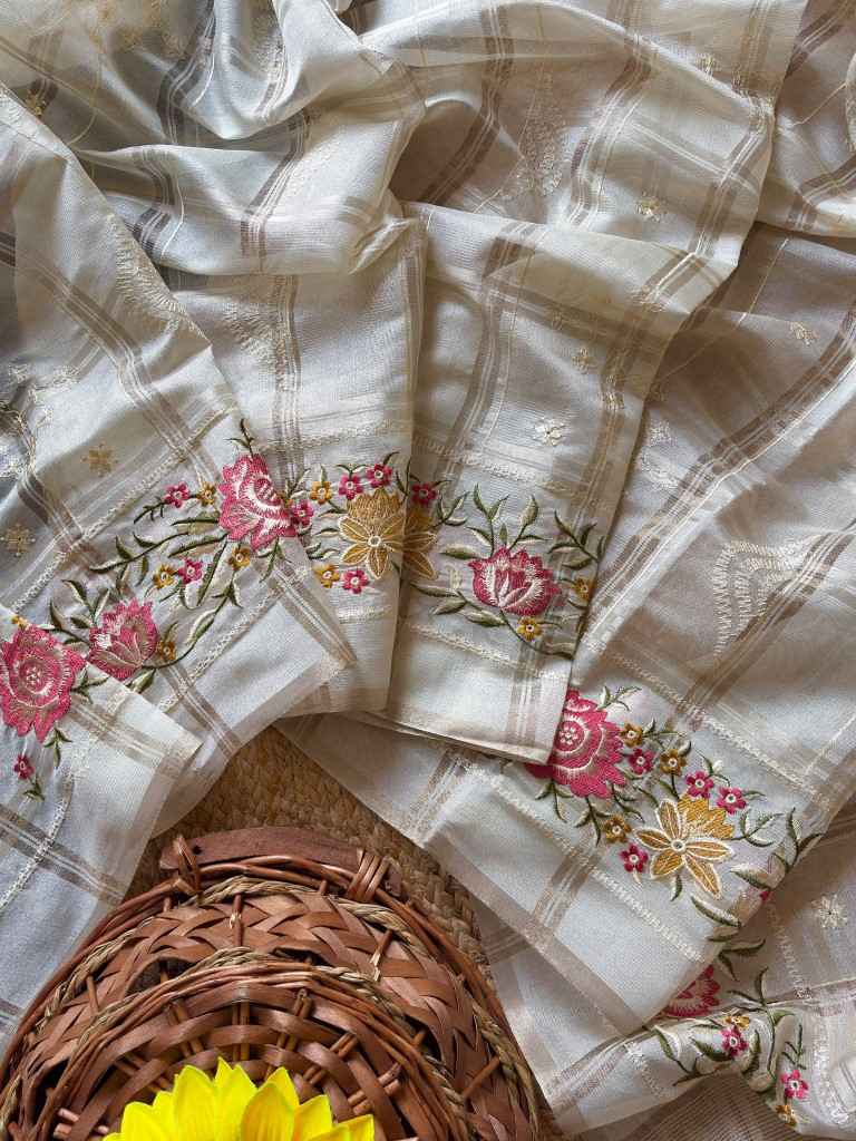 SOFT TUSSER SILK ZARI CHEX EMBROIDERY WORK SAREE 1