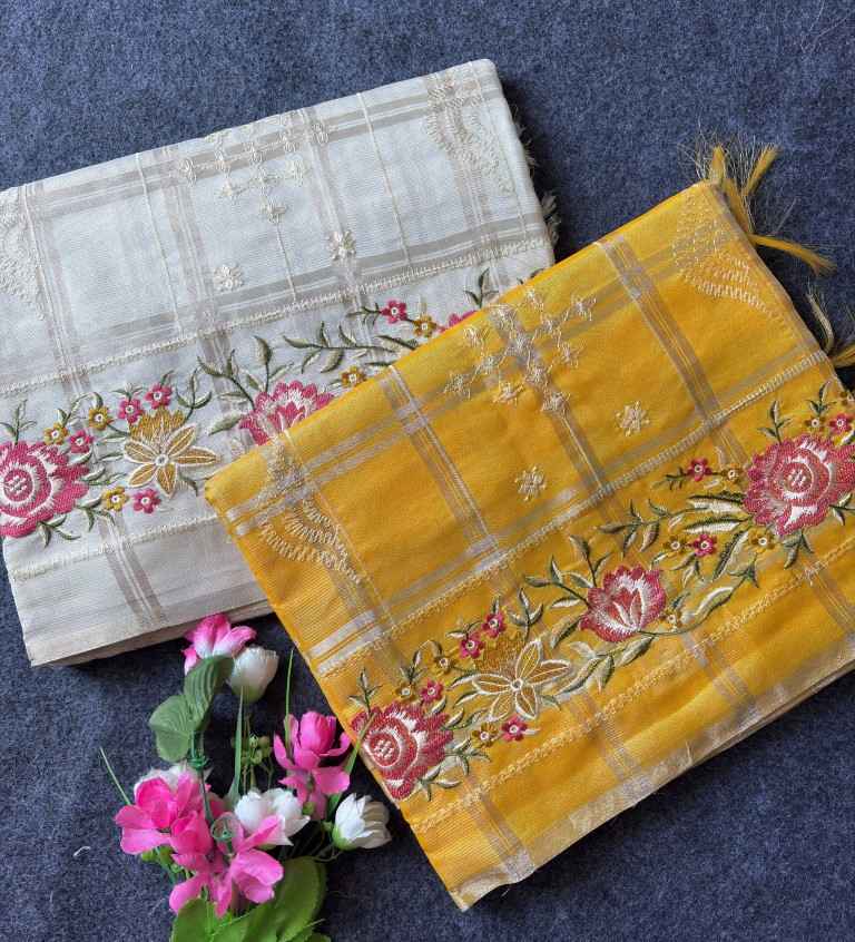 SOFT TUSSER SILK ZARI CHEX EMBROIDERY WORK SAREE 1
