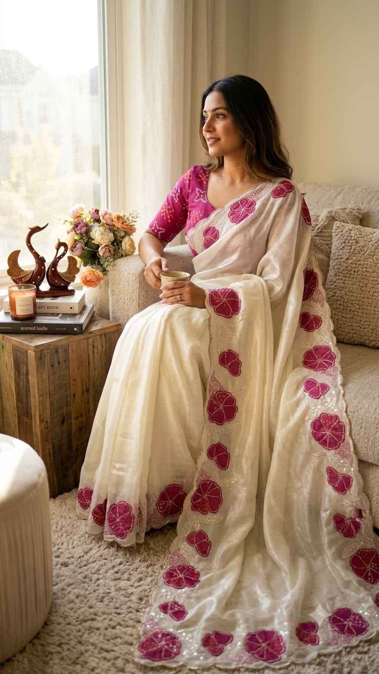 SPACE SILK APLIC WORK WITH SEQUINS EMBROIDERY WORK SAREE