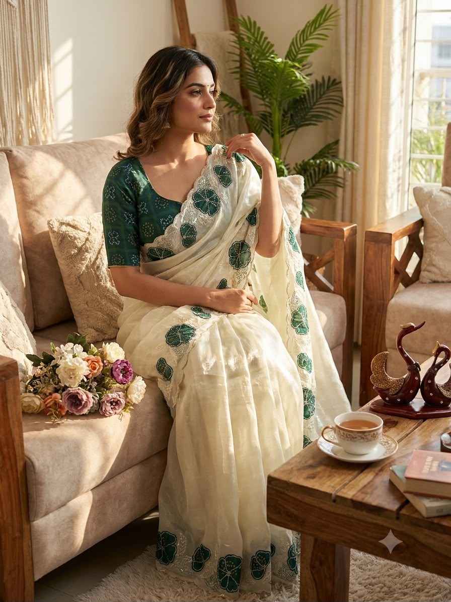SPACE SILK APLIC WORK WITH SEQUINS EMBROIDERY WORK SAREE