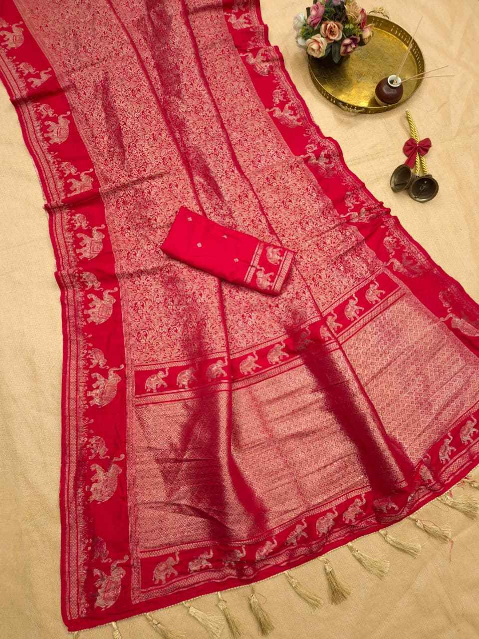 BANARASI KHADI SILK JAAL ELEPHANT ZARI MOFTIS SAREE