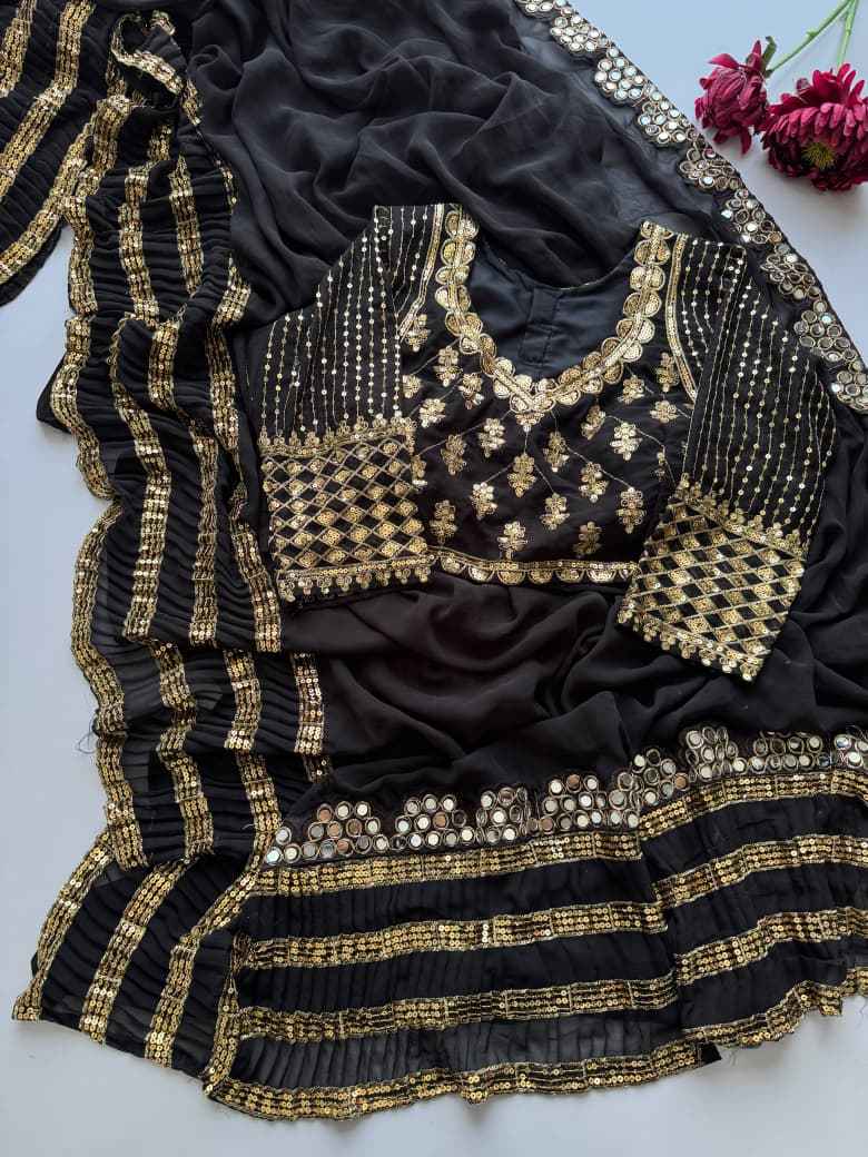 BLACK FAUX GEORGETTE SEQUENCE MIRROR WORK SAREE 
