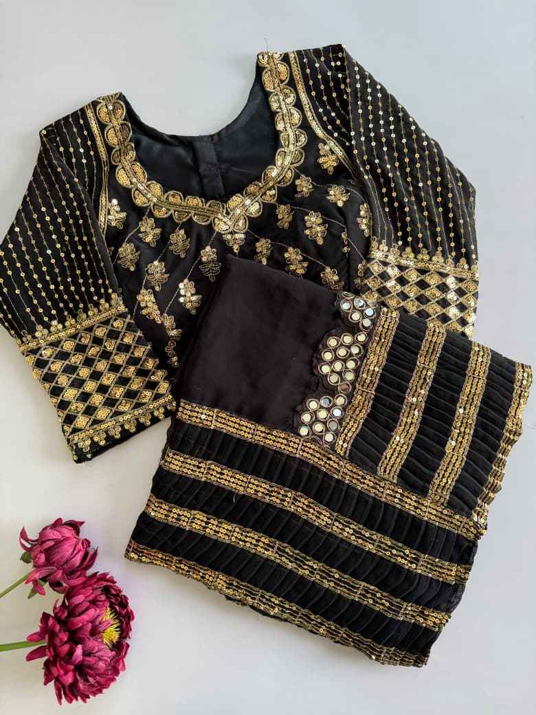 BLACK FAUX GEORGETTE SEQUENCE MIRROR WORK SAREE 