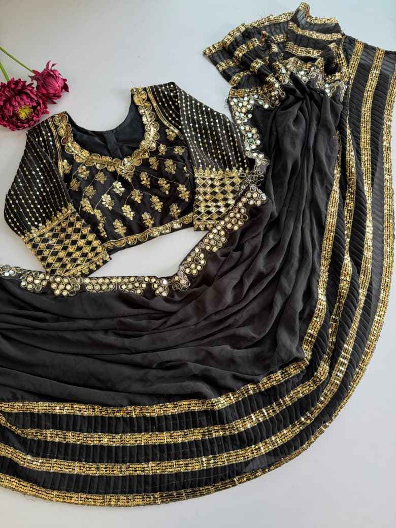 BLACK FAUX GEORGETTE SEQUENCE MIRROR WORK SAREE 