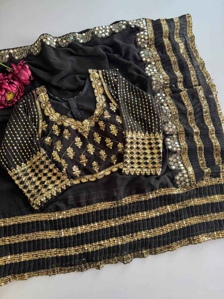 BLACK FAUX GEORGETTE SEQUENCE MIRROR WORK SAREE 