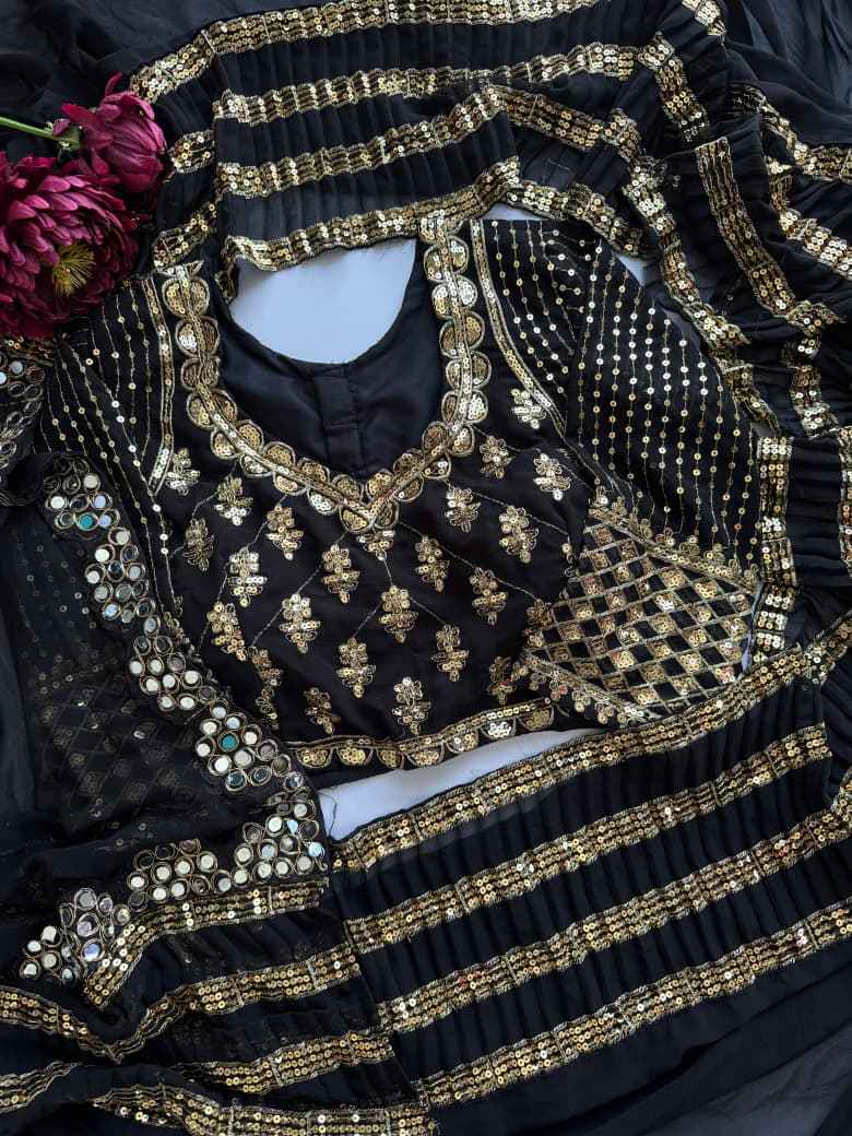 BLACK FAUX GEORGETTE SEQUENCE MIRROR WORK SAREE 