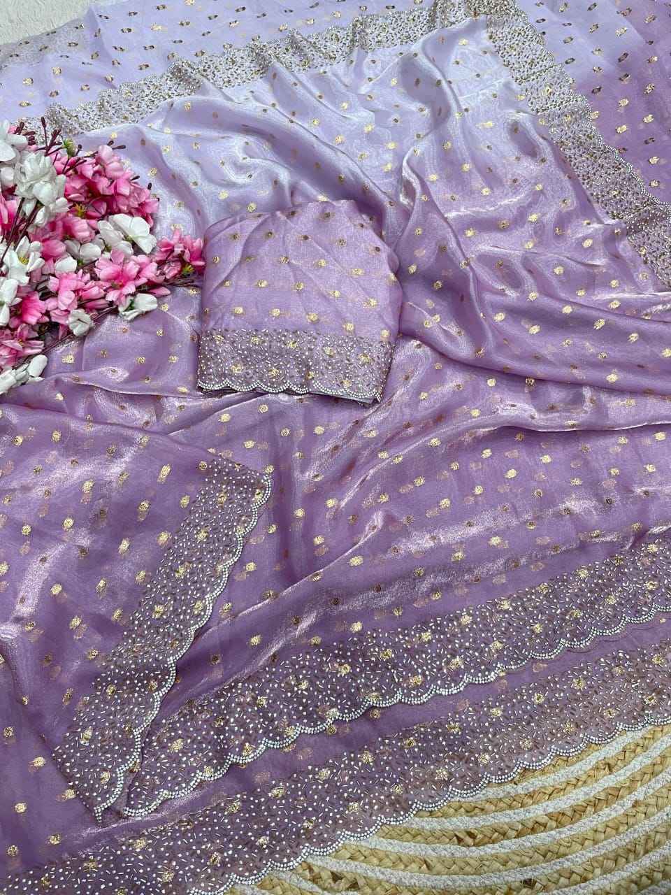 NC SATTIN PADDING BUTTI JARKHAN SIROSKI WORK SAREE