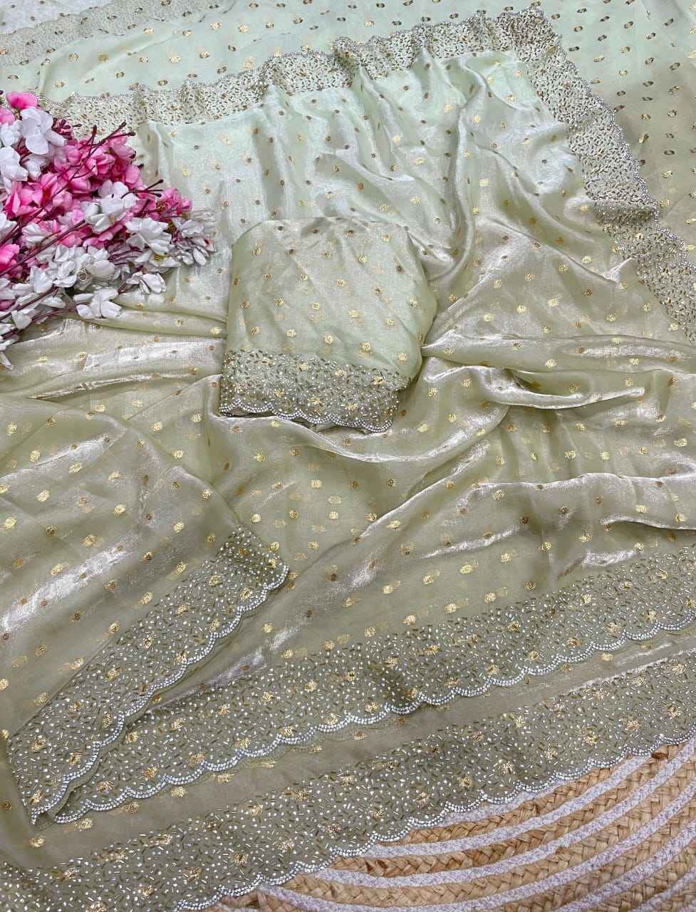 NC SATTIN PADDING BUTTI JARKHAN SIROSKI WORK SAREE