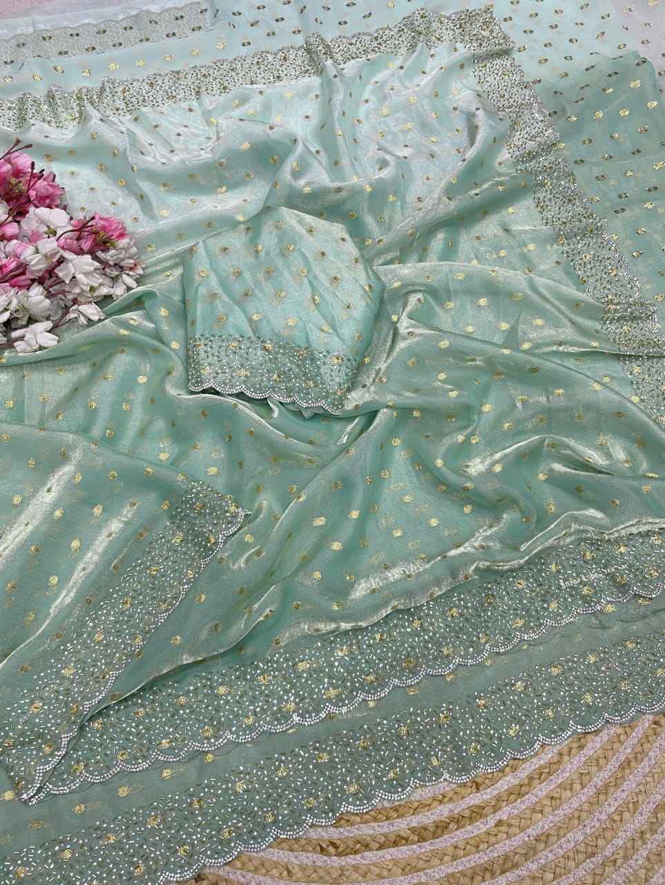 NC SATTIN PADDING BUTTI JARKHAN SIROSKI WORK SAREE
