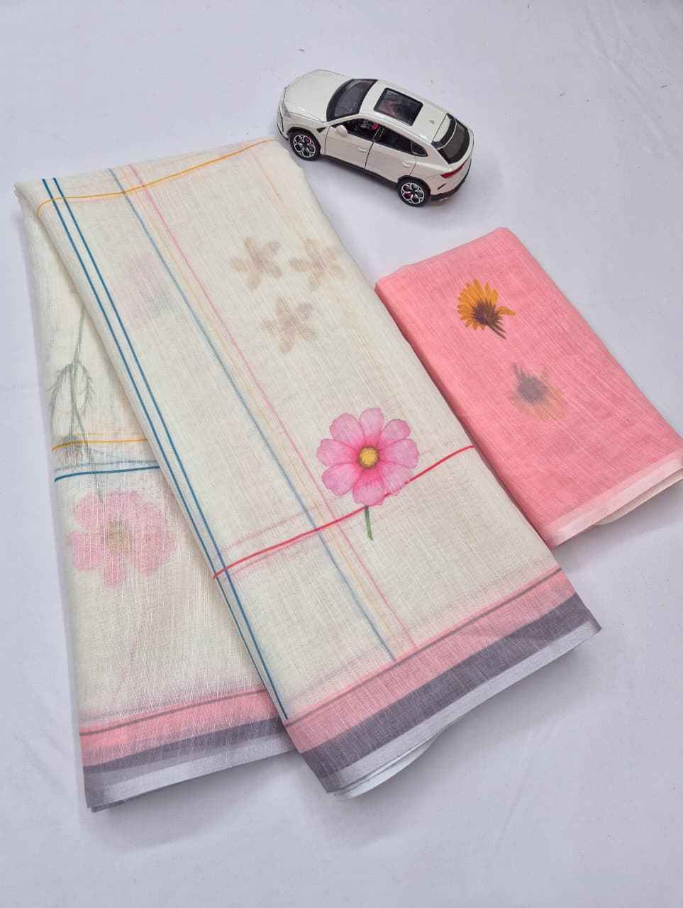 PLAIN LINEN DIGITAL PRINTED SAREE CODE MG695