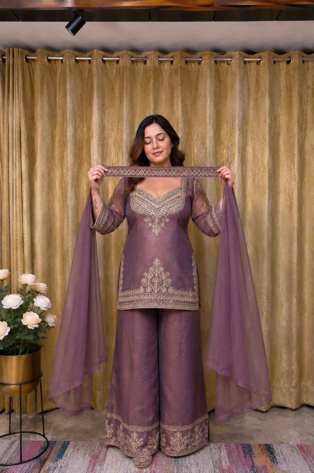 PREMIUM CRUNCHY SILK SIQUENCE ZARI EMBROIDERY WORK READYMADE SUIT