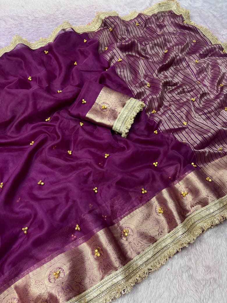 PREMIUM ORGANZA SILK BANARASI BORDER GHUNGROO SAREE