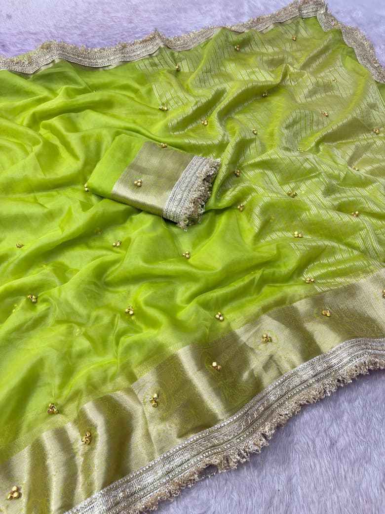 PREMIUM ORGANZA SILK BANARASI BORDER GHUNGROO SAREE