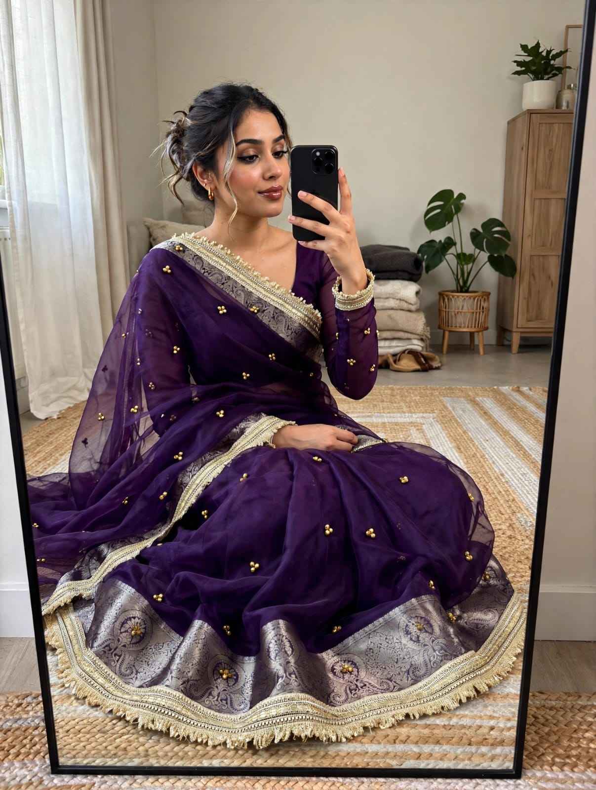 PREMIUM ORGANZA SILK BANARASI BORDER GHUNGROO SAREE