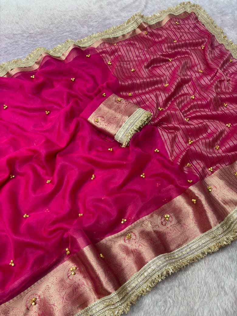 PREMIUM ORGANZA SILK BANARASI BORDER GHUNGROO SAREE