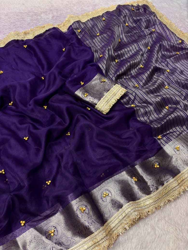 PREMIUM ORGANZA SILK BANARASI BORDER GHUNGROO SAREE