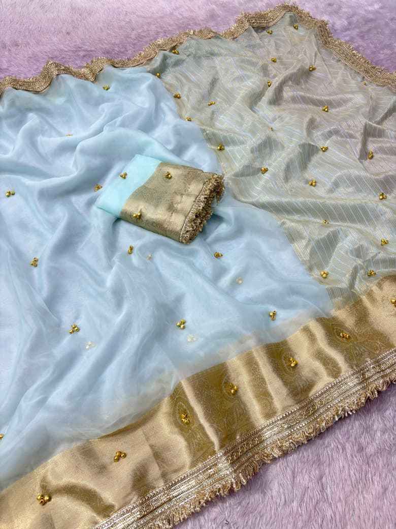 PREMIUM ORGANZA SILK BANARASI BORDER GHUNGROO SAREE