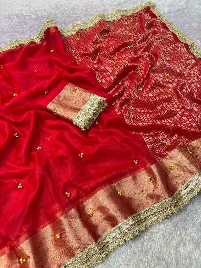 PREMIUM ORGANZA SILK BANARASI BORDER GHUNGROO SAREE