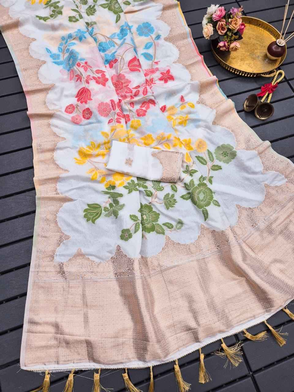 PURE BANARASI KHADI CREPE SILK FLORAL ZARI WEAVING SAREE