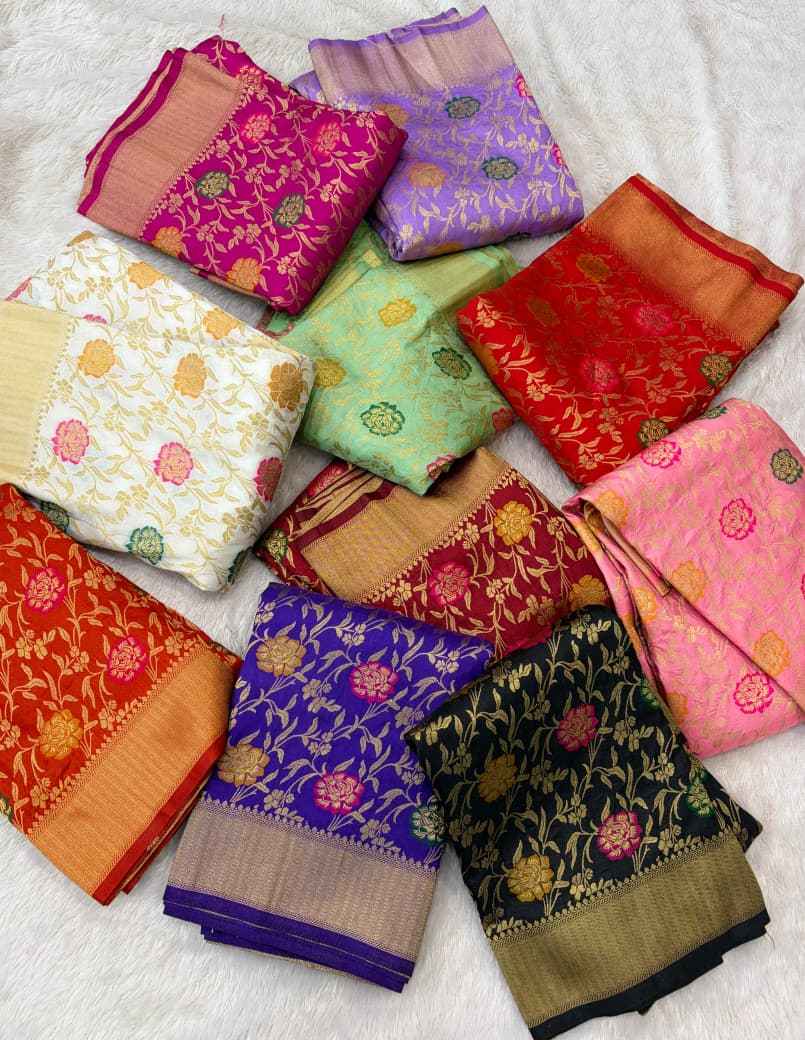 PURE BANARASI KHADI DOLLA SILK FLOWER ZARI WEAVING SAREE 1