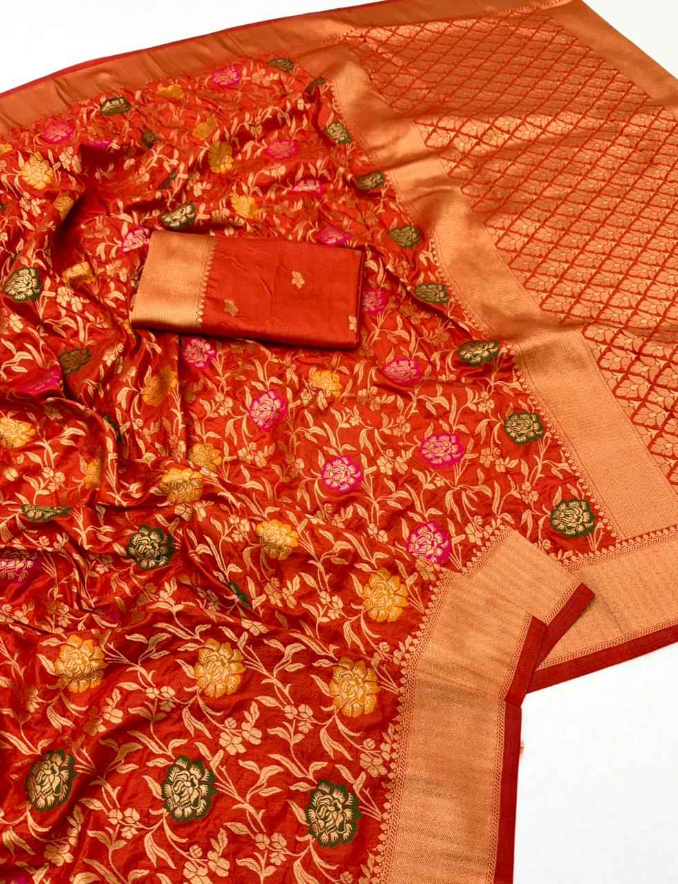 PURE BANARASI KHADI DOLLA SILK FLOWER ZARI WEAVING SAREE 1