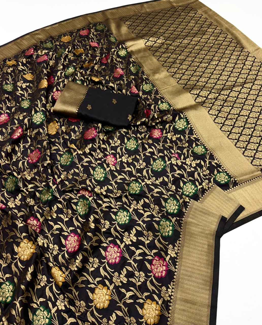 PURE BANARASI KHADI DOLLA SILK FLOWER ZARI WEAVING SAREE 1