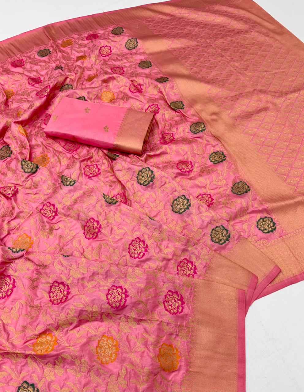 PURE BANARASI KHADI DOLLA SILK FLOWER ZARI WEAVING SAREE 1