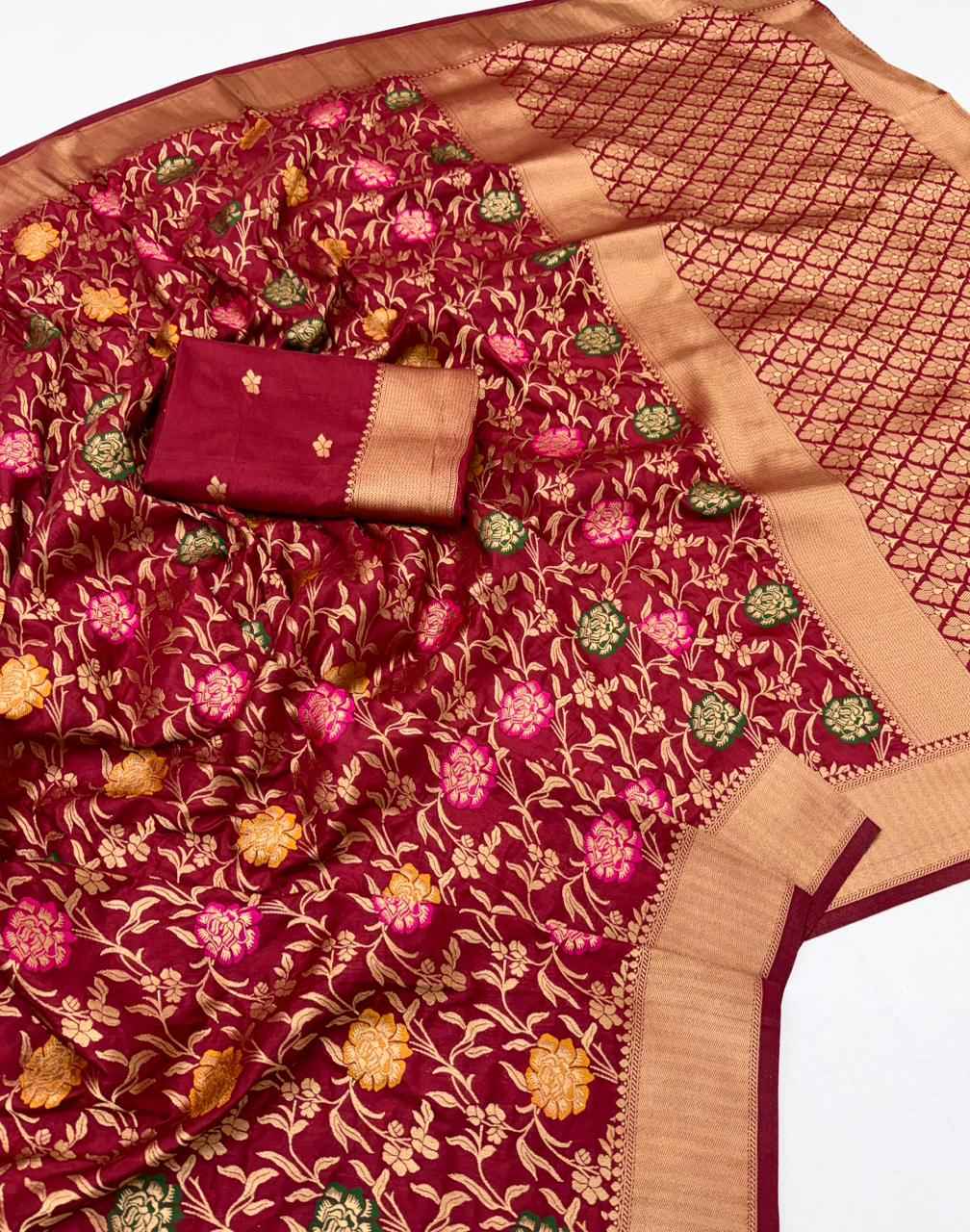 PURE BANARASI KHADI DOLLA SILK FLOWER ZARI WEAVING SAREE 1