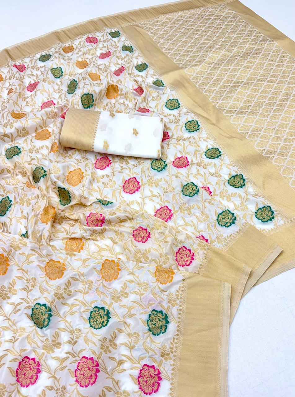 PURE BANARASI KHADI DOLLA SILK FLOWER ZARI WEAVING SAREE 1