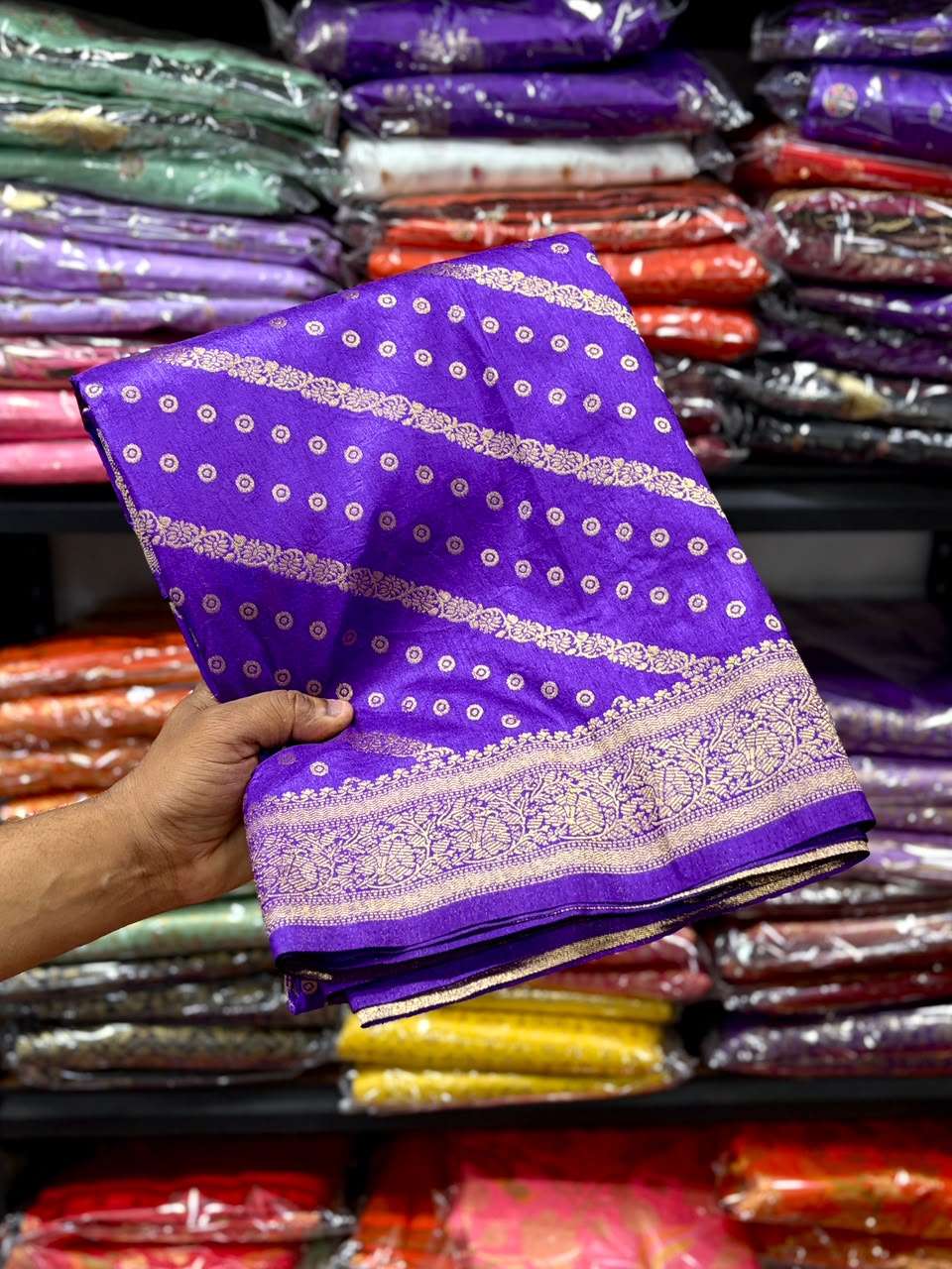 PURE BANARASI KHADI DOLLA SILK LEHRIYA ZARI WEAVING SAREE 