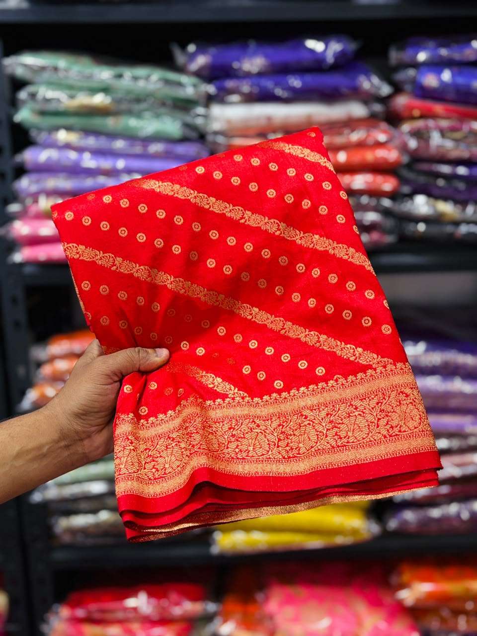 PURE BANARASI KHADI DOLLA SILK LEHRIYA ZARI WEAVING SAREE 