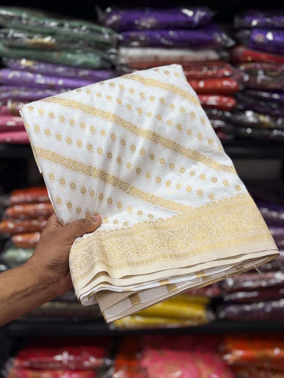 PURE BANARASI KHADI DOLLA SILK LEHRIYA ZARI WEAVING SAREE 