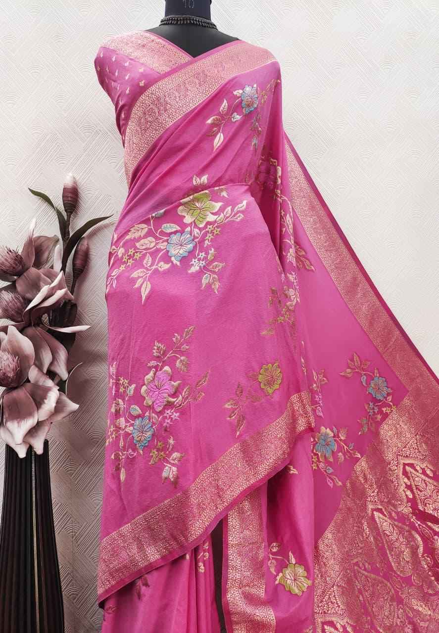 PURE CREPE KHADI SILK MEENAKARI ZARI WOOVEN SAREE