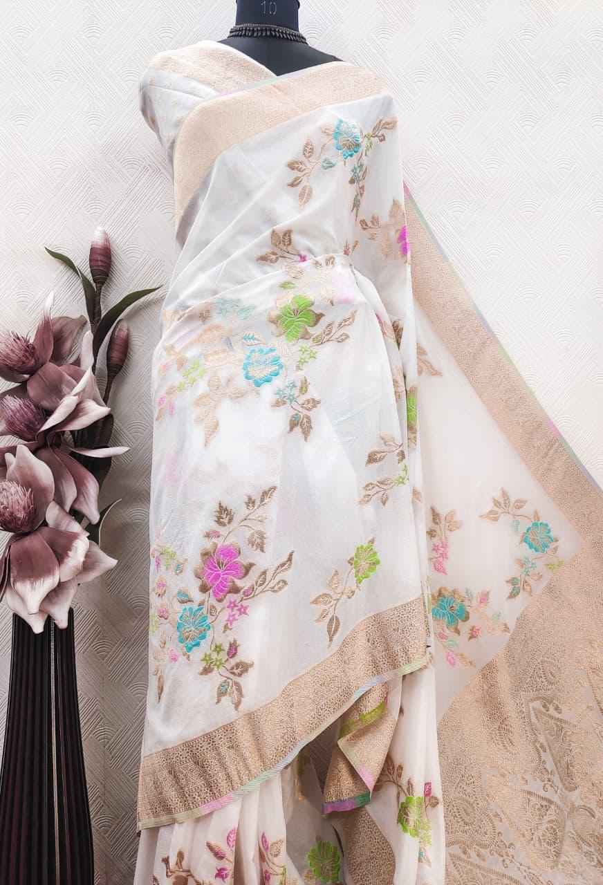 PURE CREPE KHADI SILK MEENAKARI ZARI WOOVEN SAREE