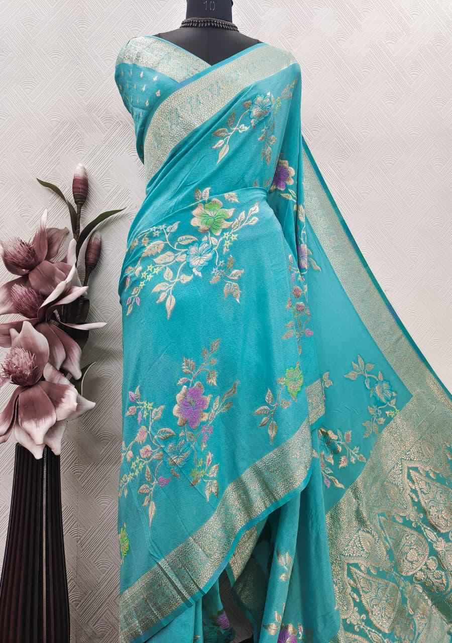 PURE CREPE KHADI SILK MEENAKARI ZARI WOOVEN SAREE