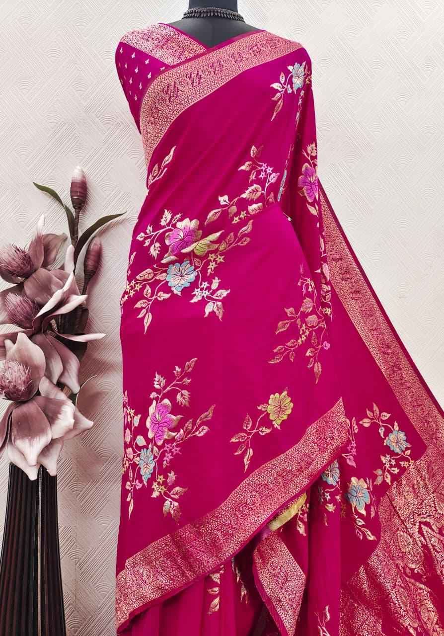 PURE CREPE KHADI SILK MEENAKARI ZARI WOOVEN SAREE
