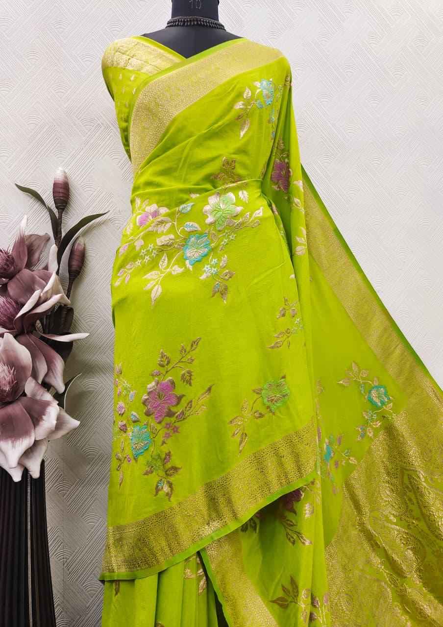 PURE CREPE KHADI SILK MEENAKARI ZARI WOOVEN SAREE