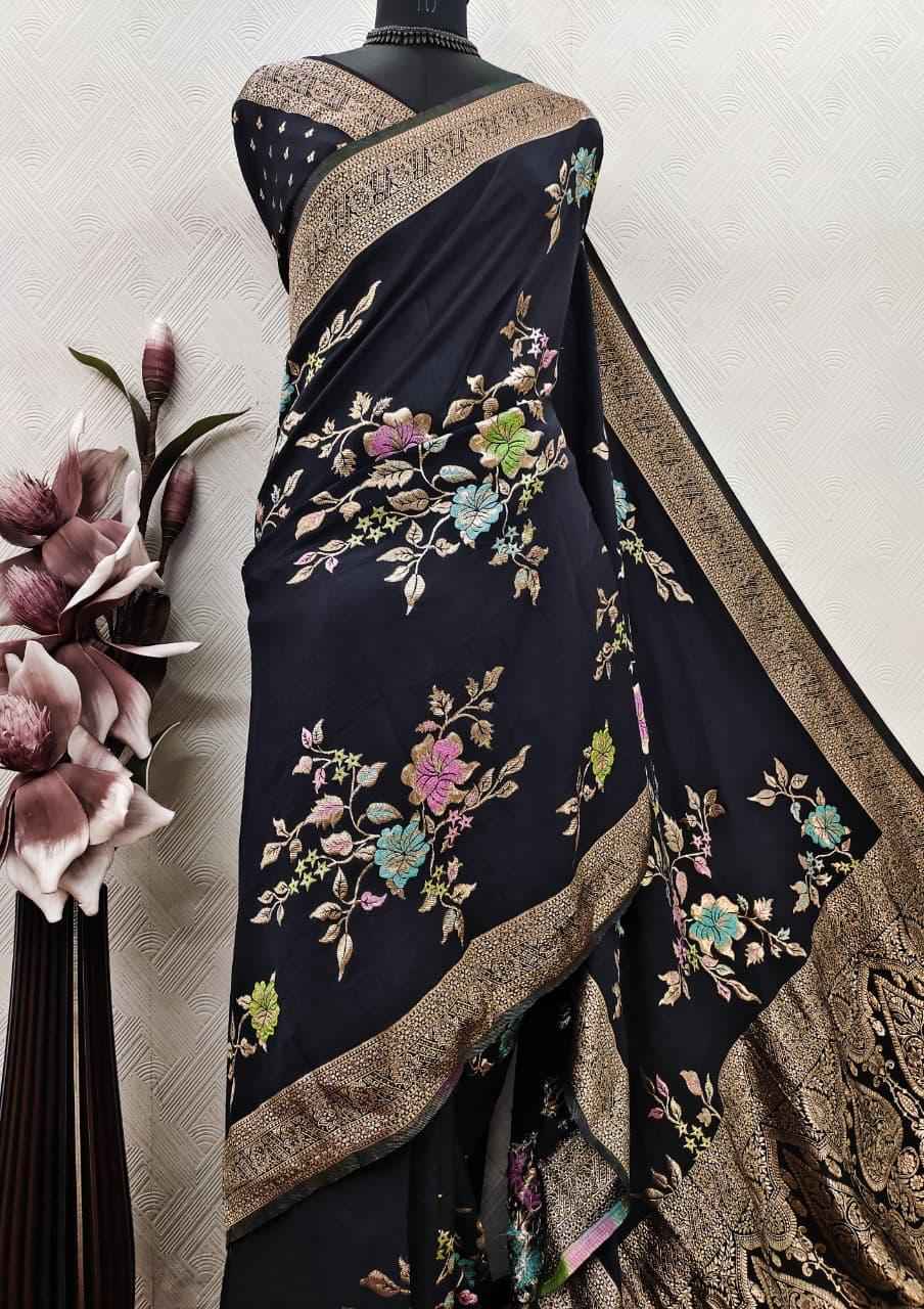 PURE CREPE KHADI SILK MEENAKARI ZARI WOOVEN SAREE