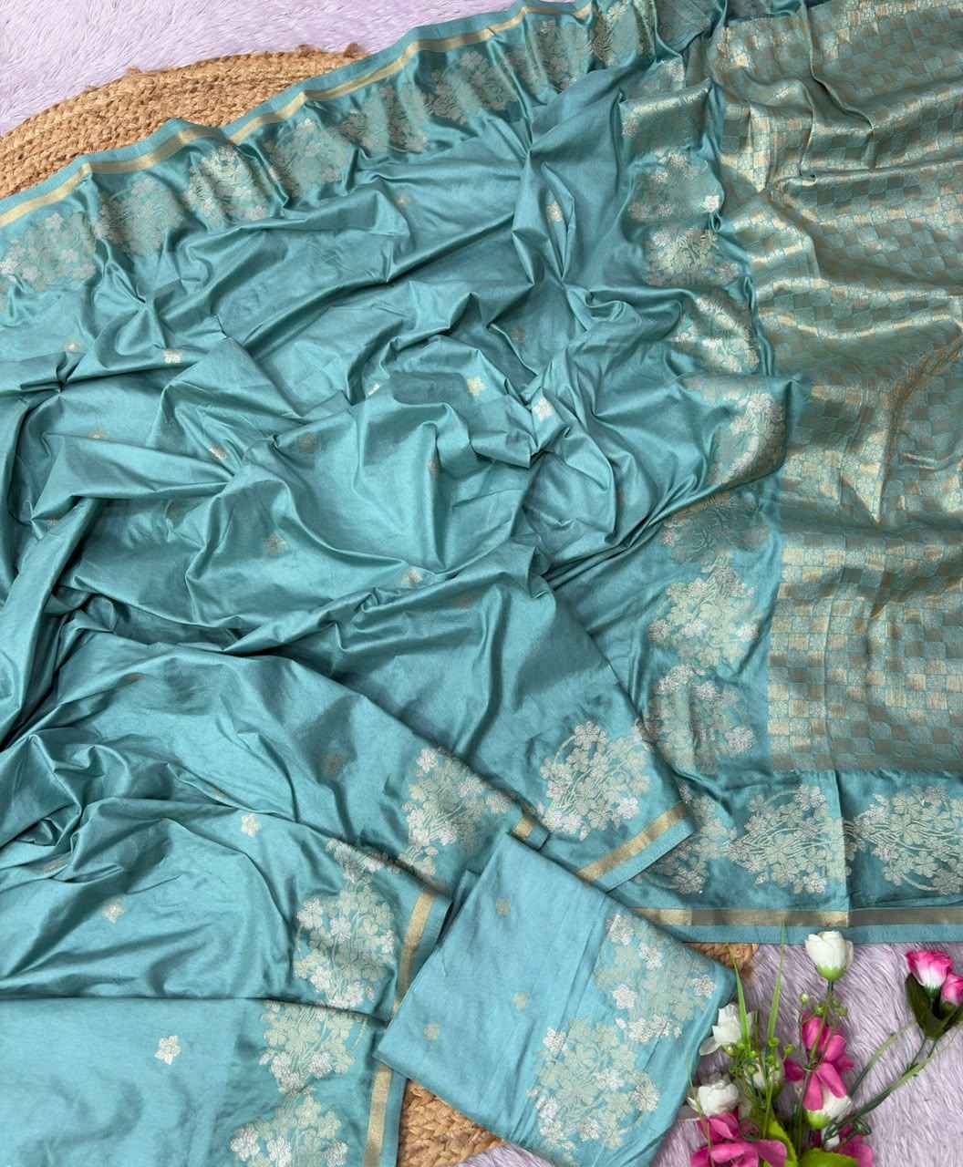 PURE DOLA SILK JARI CHECKS PATTERN WEAVING SAREE 
