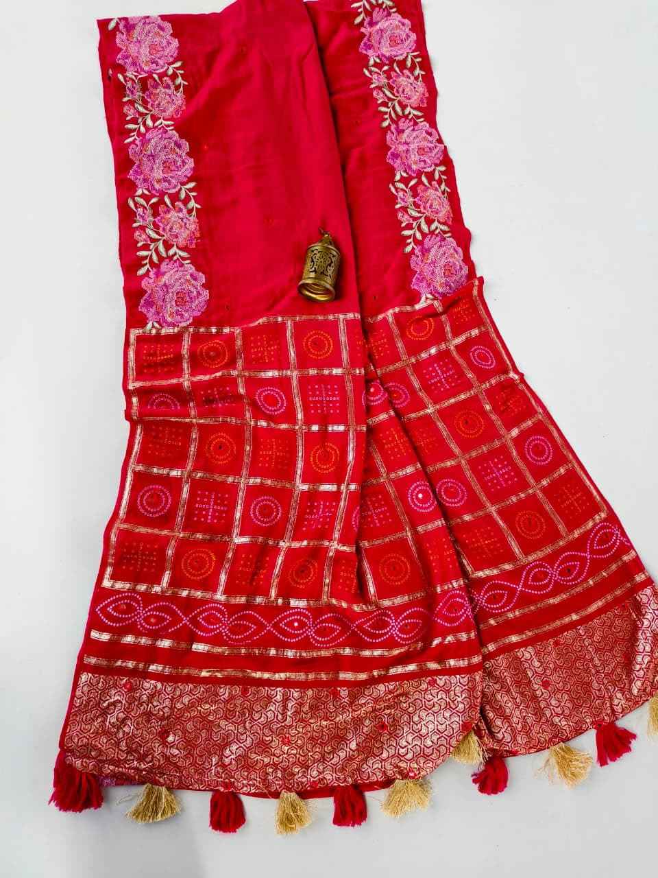 PURE SOFT DOLA SILK CROSSSTICH AARI MIRROR WORK SAREE