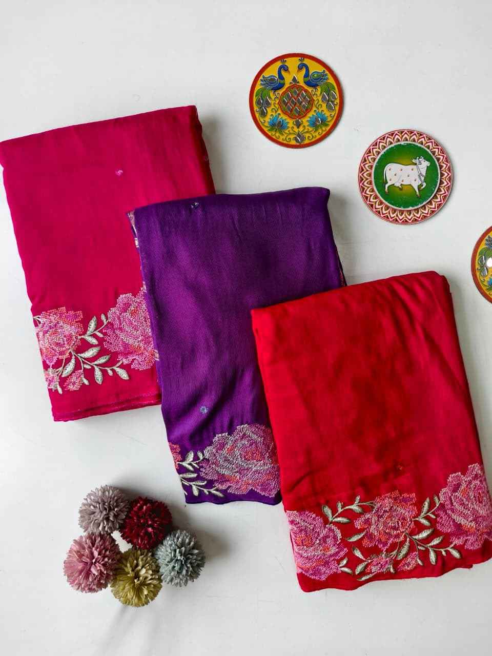 PURE SOFT DOLA SILK CROSSSTICH AARI MIRROR WORK SAREE