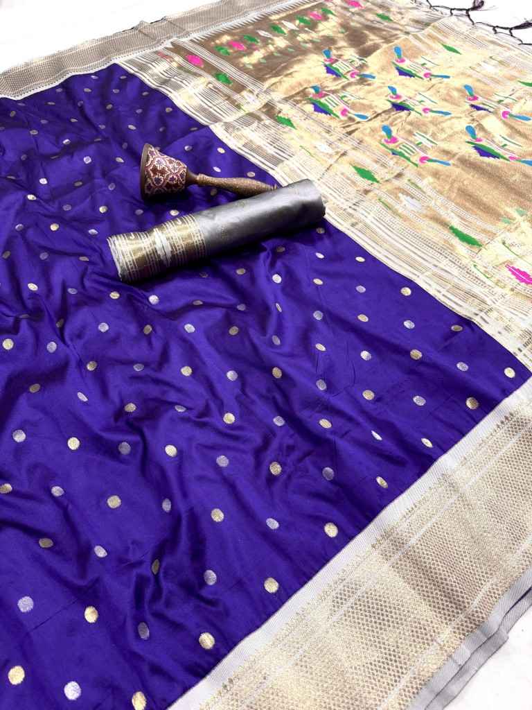 PURE SOFT KANCHIVRAM PAITHANI SILK SILVER GOLD ZARI WEAVING SAREE