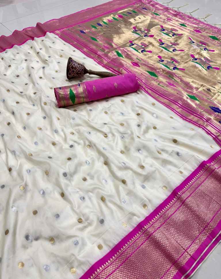 PURE SOFT KANCHIVRAM PAITHANI SILK SILVER GOLD ZARI WEAVING SAREE