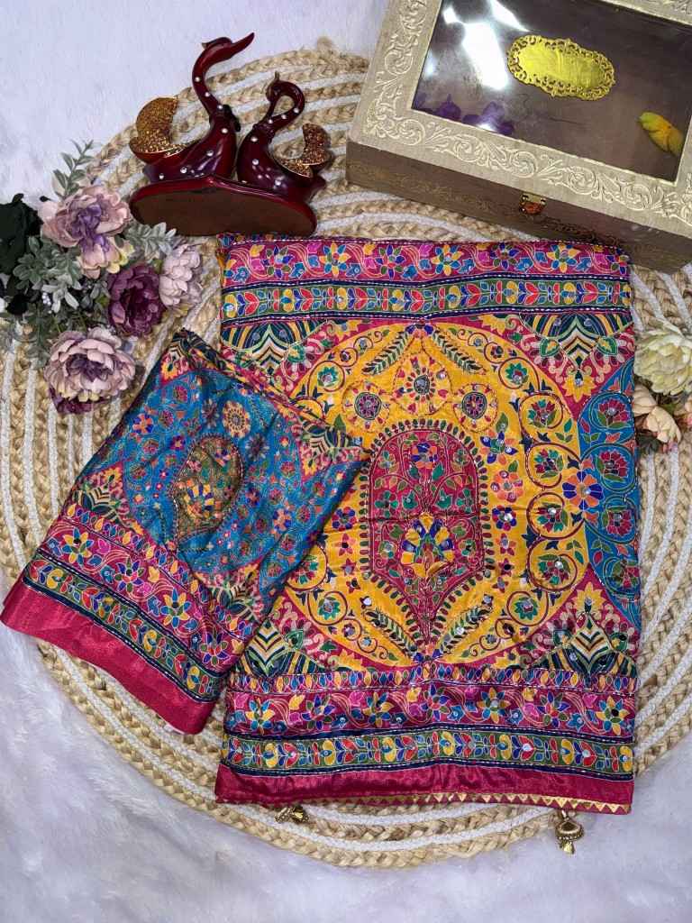 SOFT CHINNON PRINT KATDANA REAL MIRROR WORK SAREE