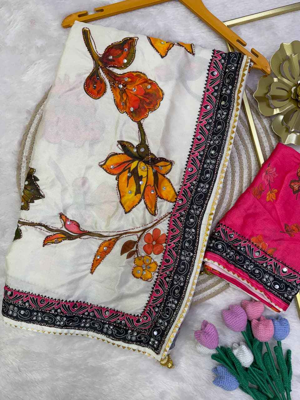 SOFT CHINNON PRINTED KATDANA REAL MIRROR WORK SAREE