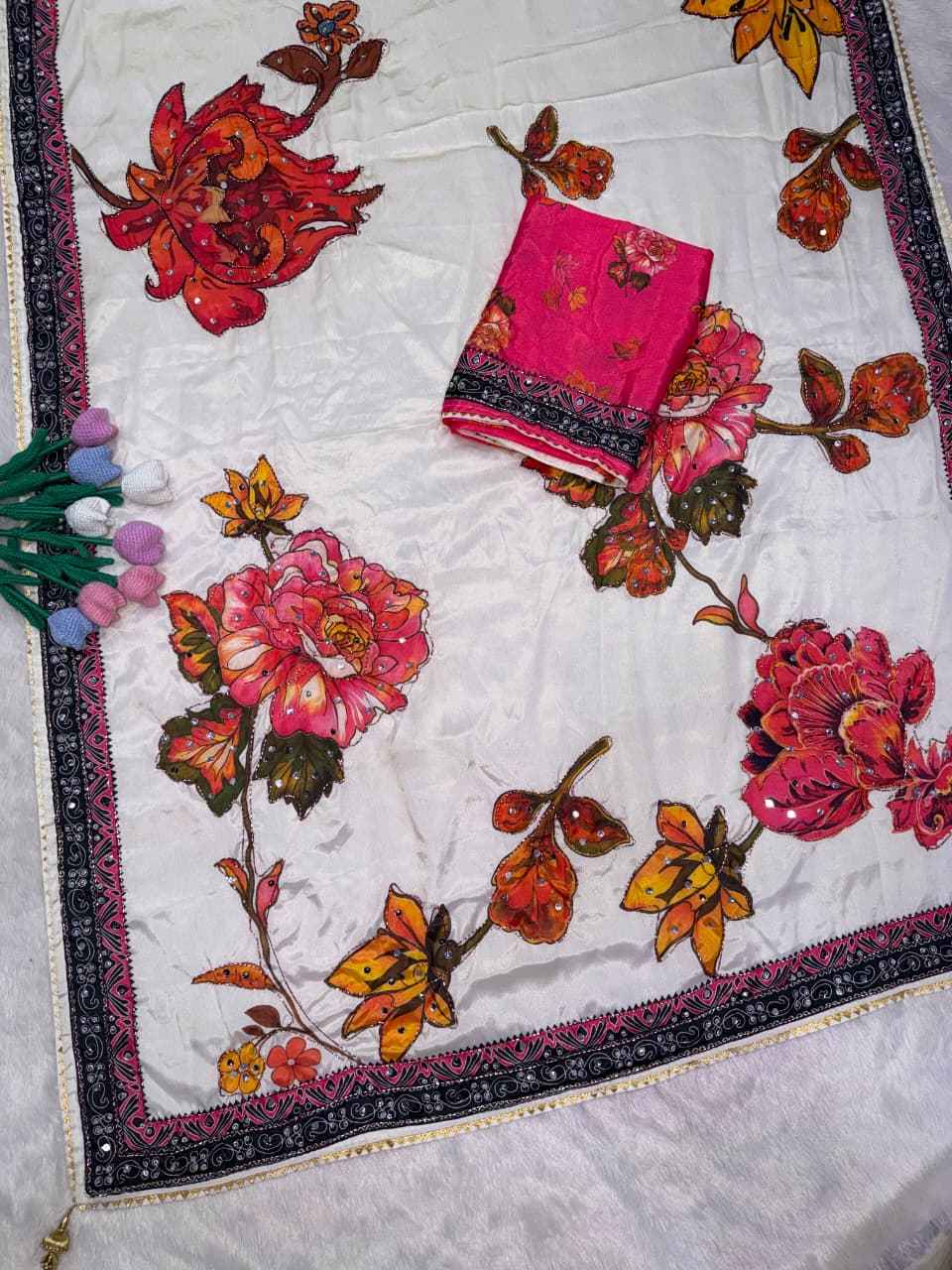 SOFT CHINNON PRINTED KATDANA REAL MIRROR WORK SAREE
