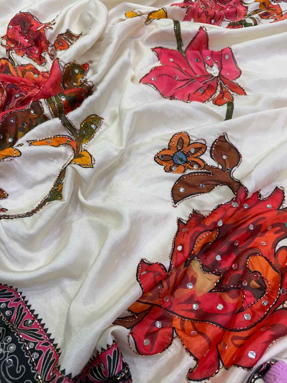 SOFT CHINNON PRINTED KATDANA REAL MIRROR WORK SAREE