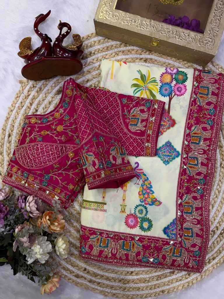 SOFT CHINNON SILK SEQUINS MULTI EMBROIDERY WORK SAREE
